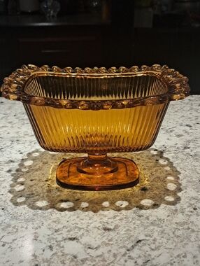 Vintage Amber Glass Compote Pedestal Bowl 1981